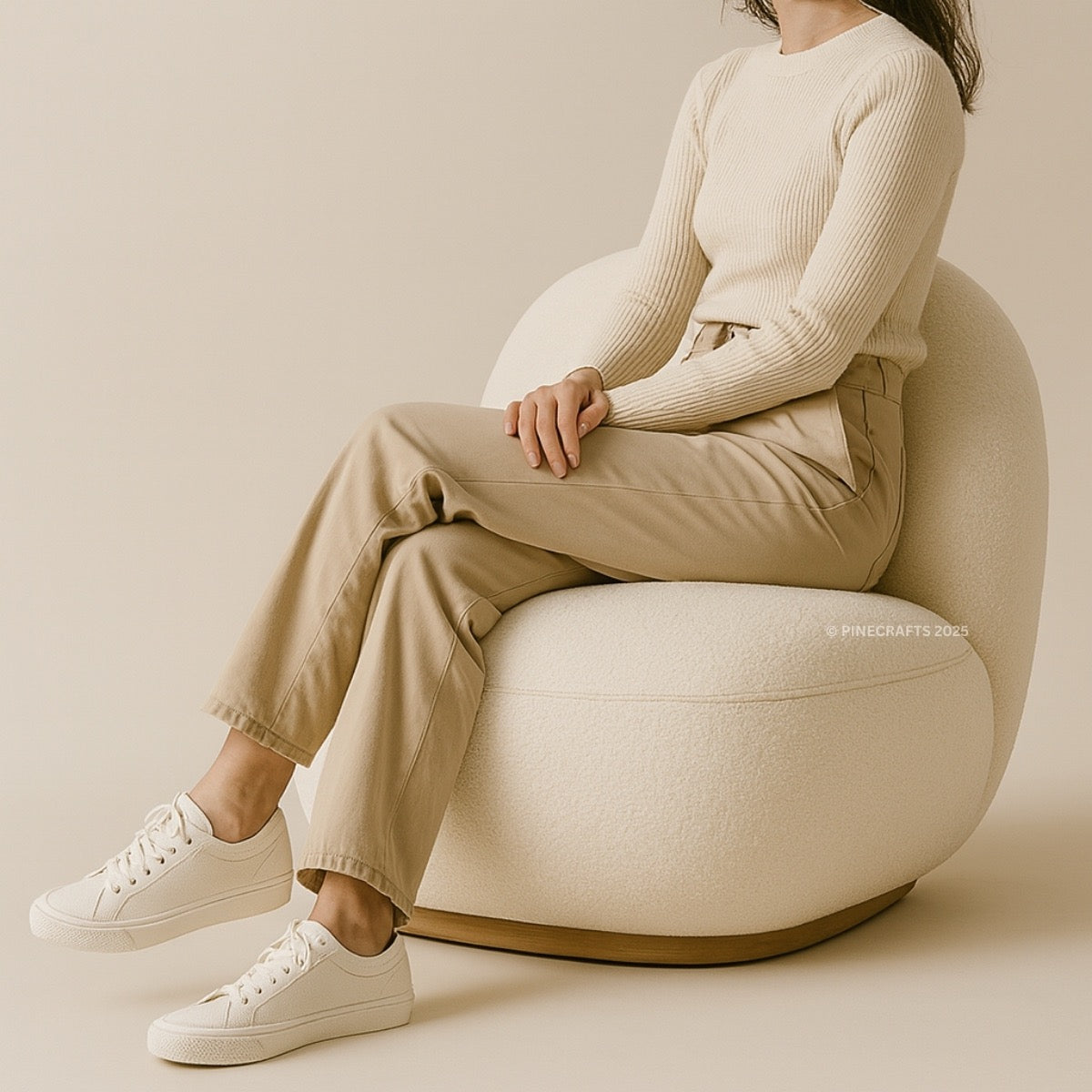 Person sitting on a beige chair wearing a beige sweater, pants, and white sneakers.