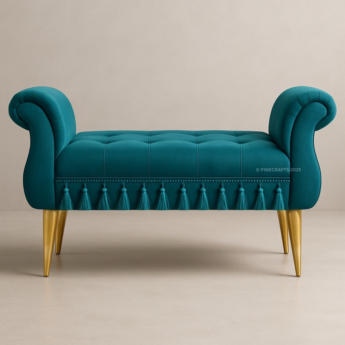 Teal bench with tufted backrest and gold legs on a beige background