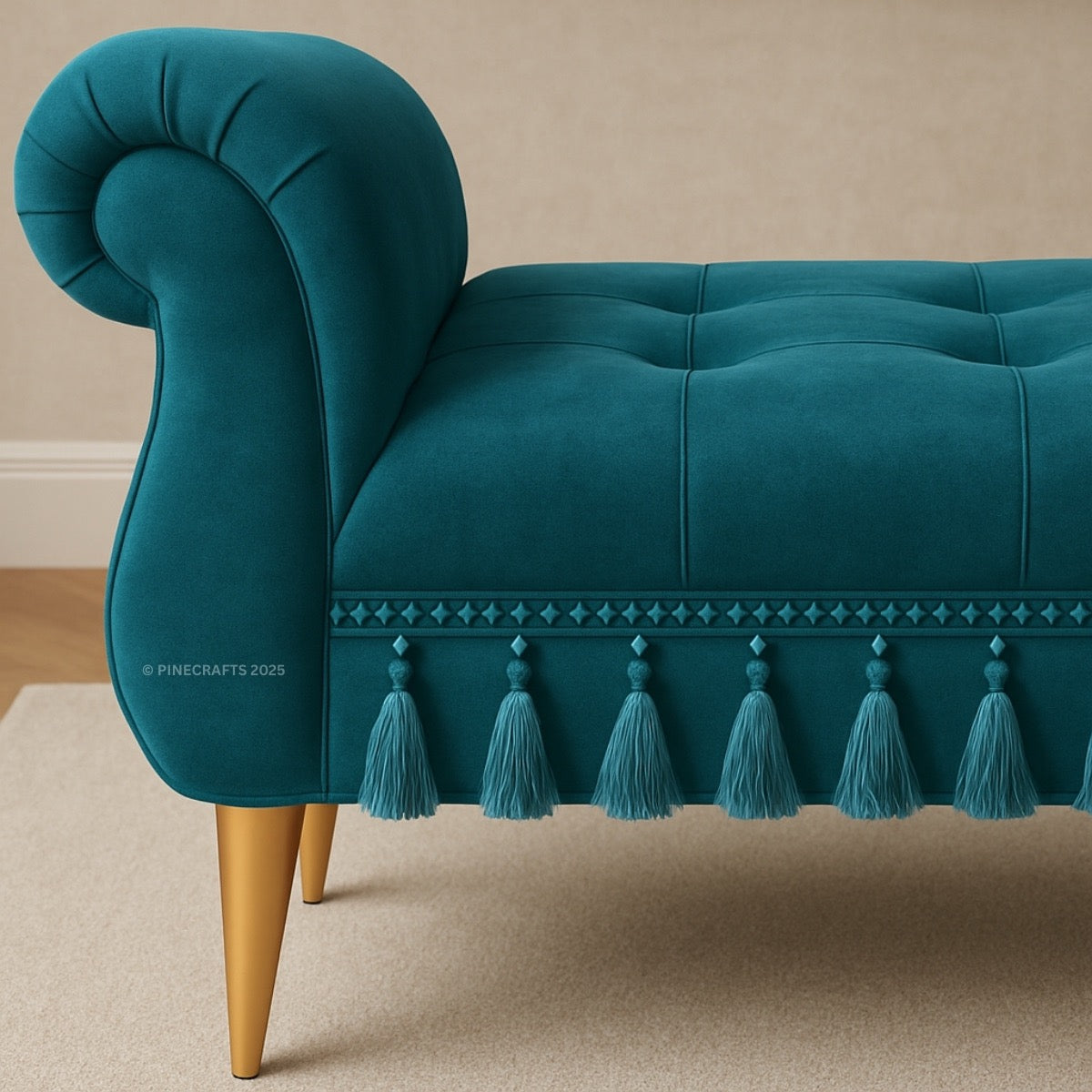 Teal velvet bench with tassels on a beige background