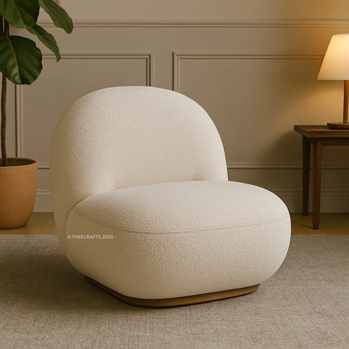 Beige armchair in a room with a lamp and plant