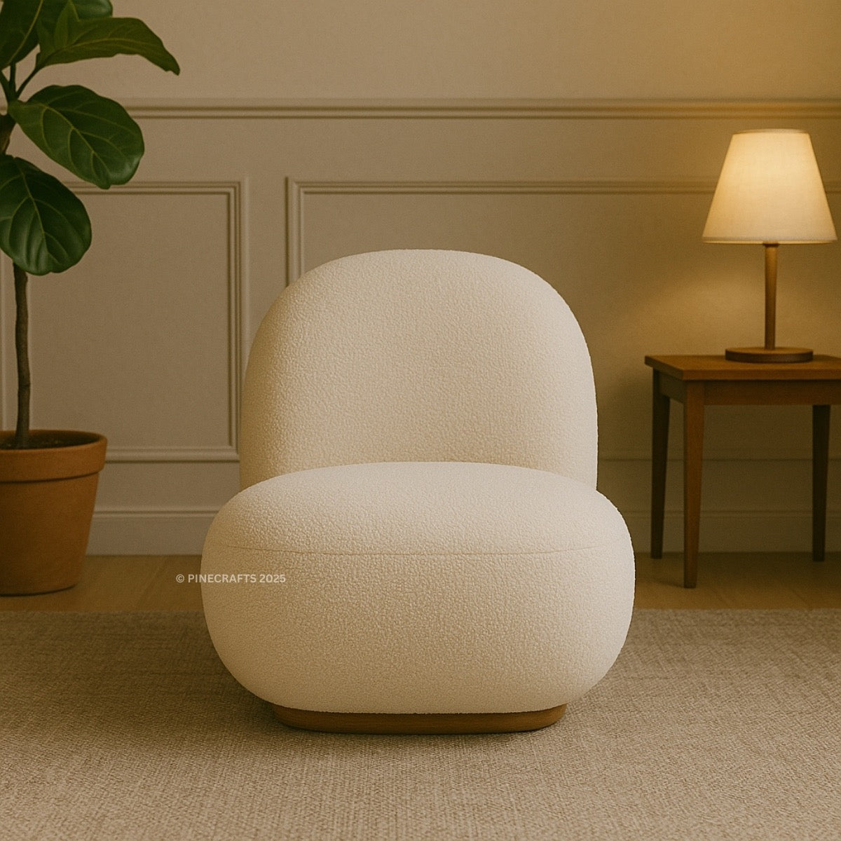 Beige armchair in a room with a lamp and plant