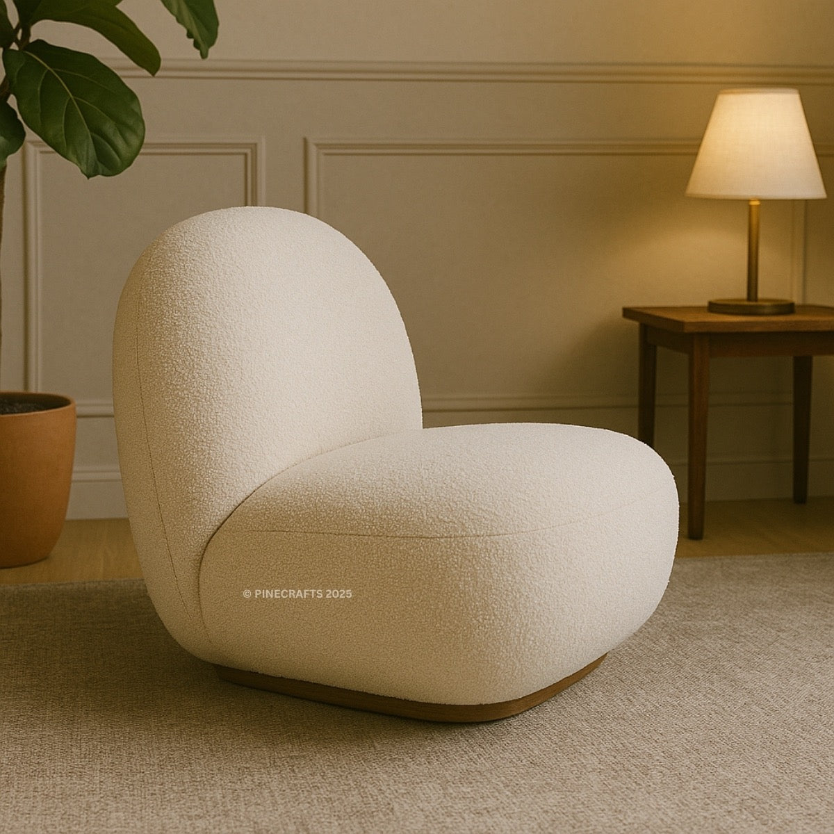 Beige textured armchair in a room with a lamp and plant