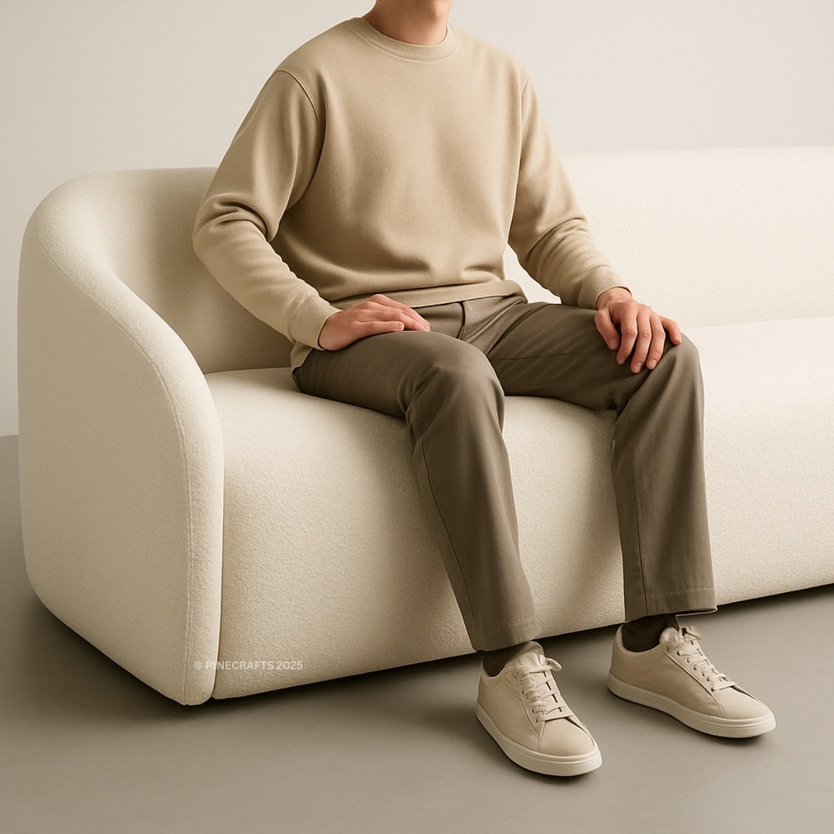 Person sitting on a beige sofa wearing a beige sweater, brown pants, and white sneakers.