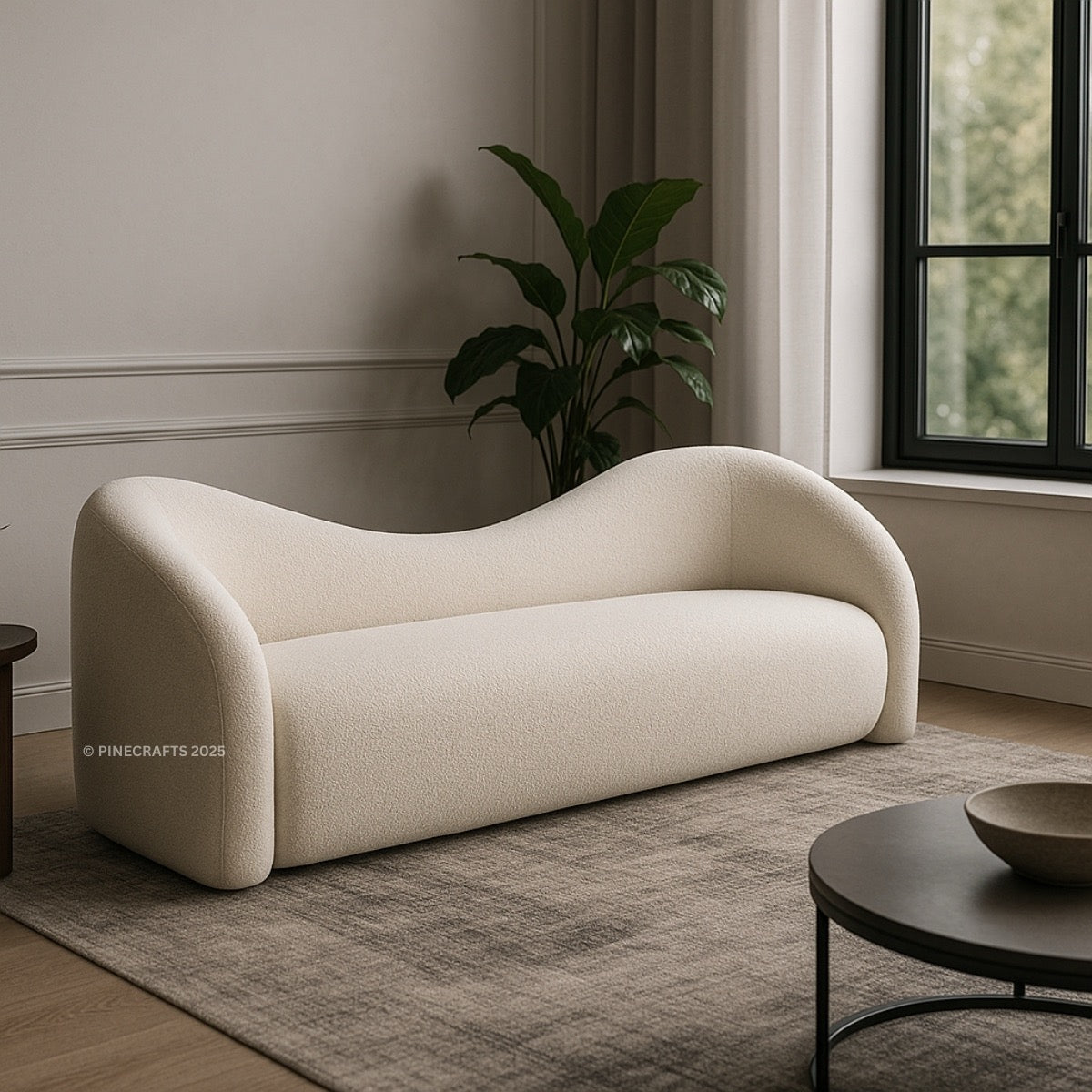 Modern beige sofa in a living room with a plant and coffee table.