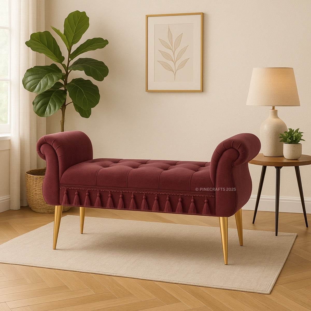 Maroon tufted bench with gold legs in a room with a plant, lamp, and wall art.
