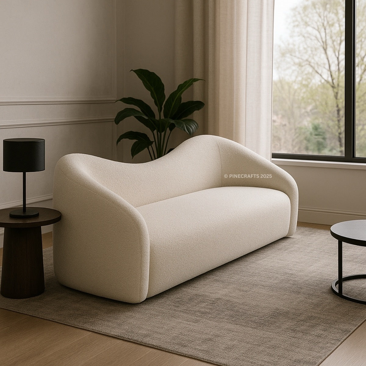 Modern beige sofa in a room with a window, plant, and side tables.