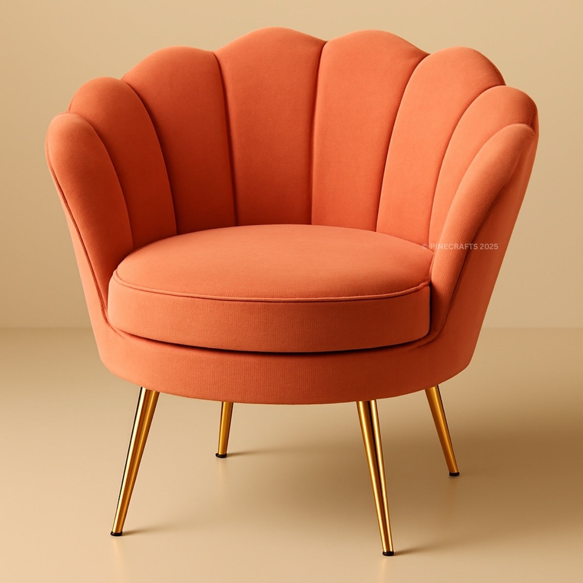Orange armchair with gold legs on a beige background