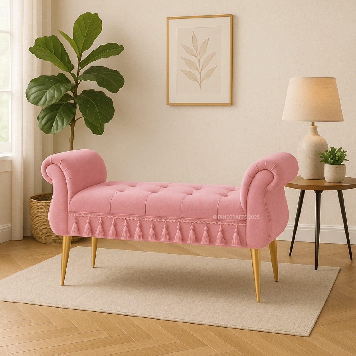 Pink bench in a room with a plant, lamp, and side table.