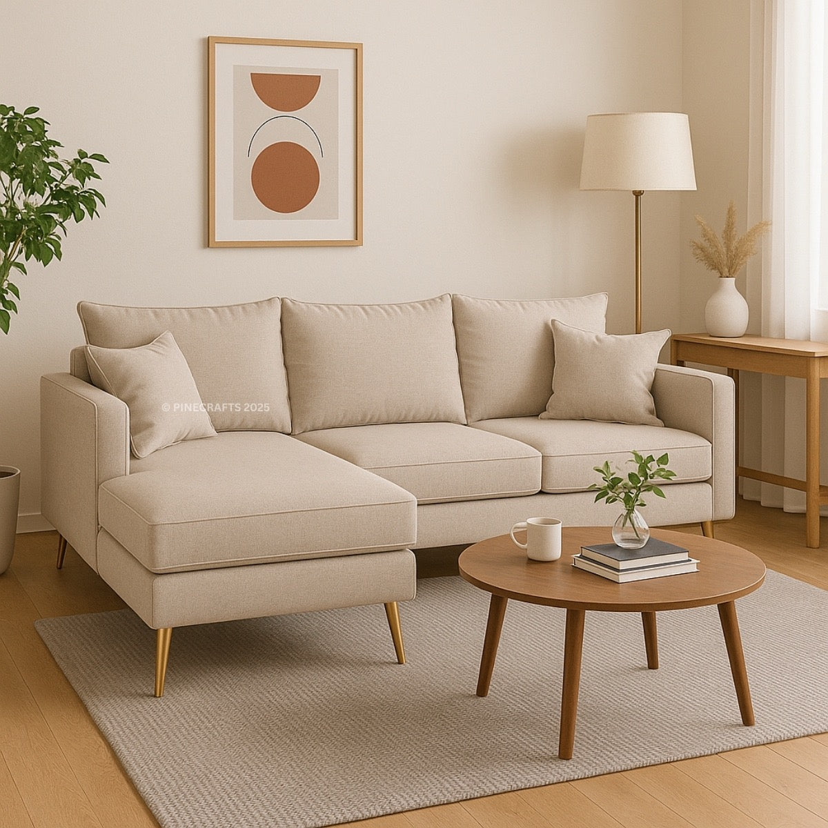 Beige sectional sofa in a living room with a wooden coffee table and decorative items.