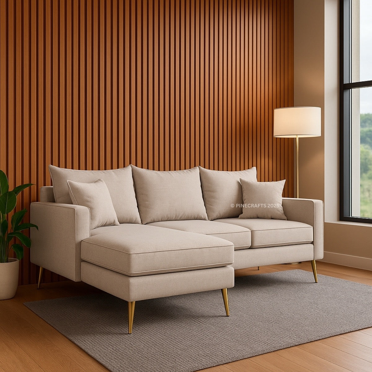 Beige sectional sofa in a living room with wooden wall and window.