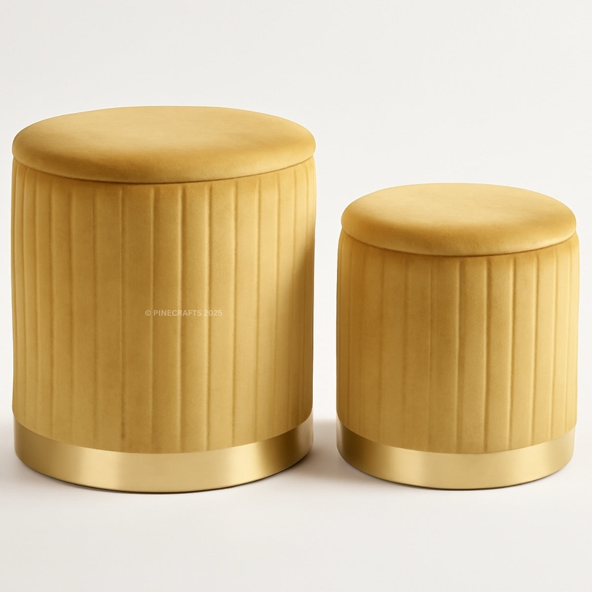 Two mustard yellow cylindrical stools with ribbed texture on a light gray background