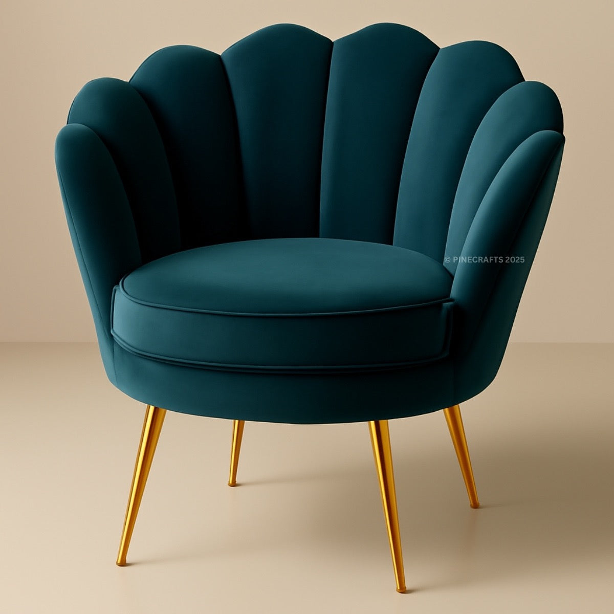 Teal armchair with gold legs on a beige background