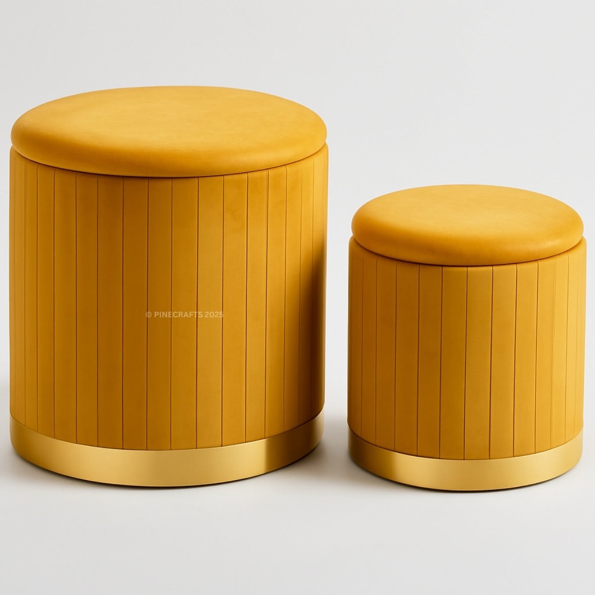 Two mustard yellow cylindrical stools with striped pattern on a light gray background