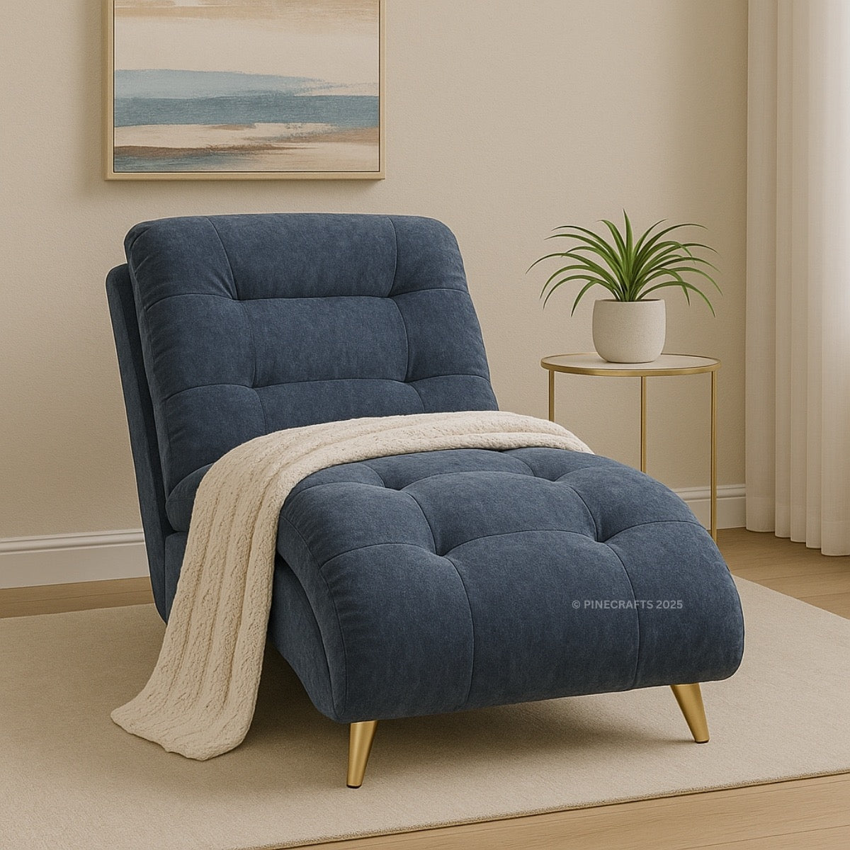 Blue armchair with a beige blanket in a room with a painting and plant on a side table.