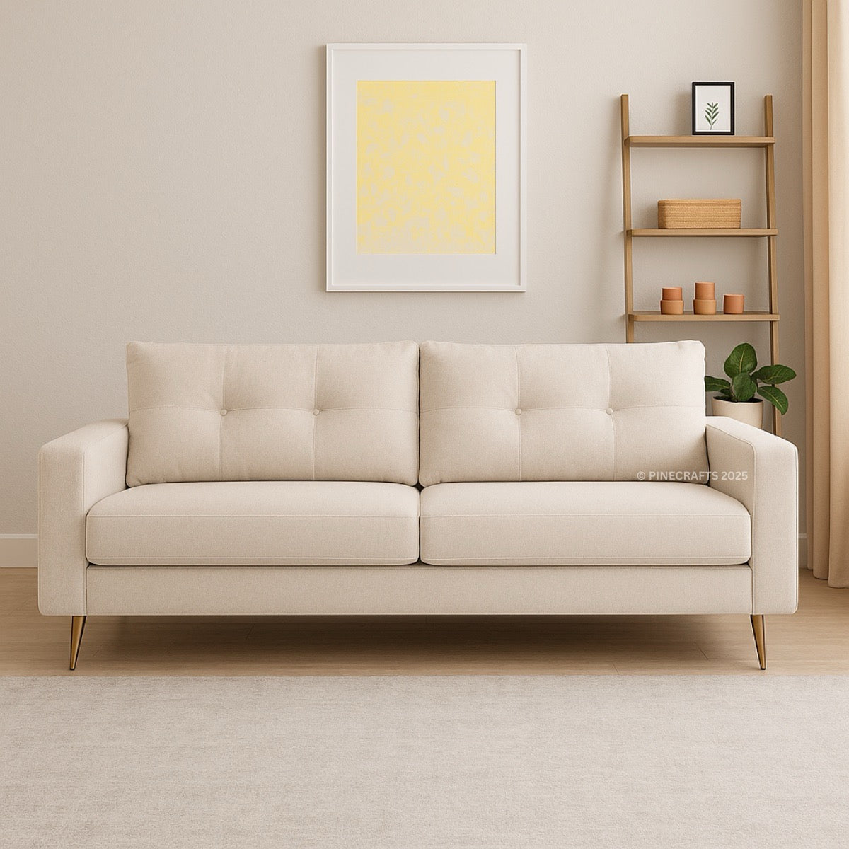 Beige sofa in a living room with a yellow abstract painting and wooden shelf.