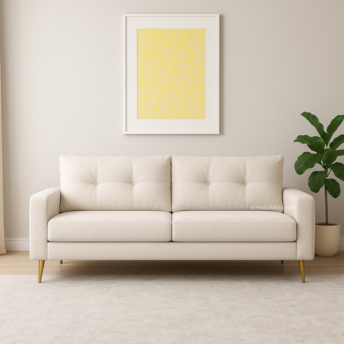 Beige sofa in a room with a yellow abstract painting and a plant.