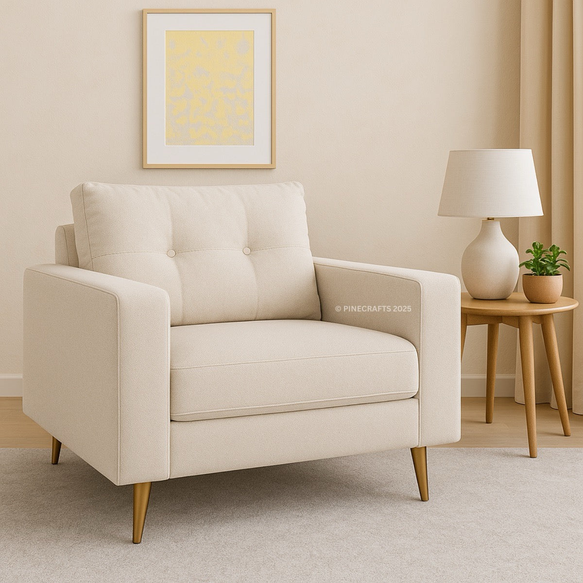 Beige armchair in a living room with a side table, lamp, and plant.