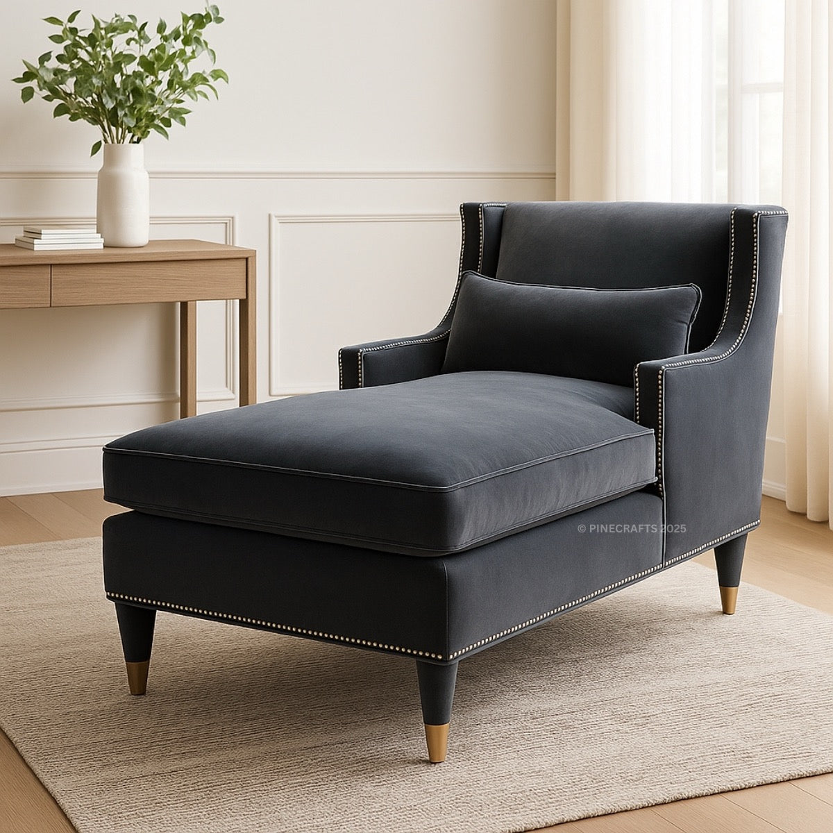Gray chaise lounge chair in a room with a wooden table and plant.