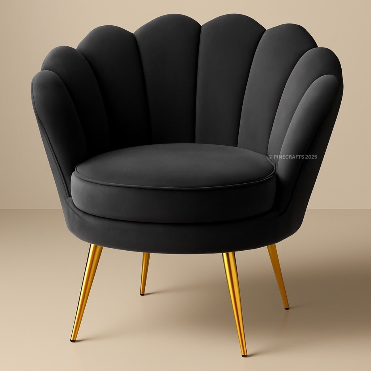 Black armchair with gold legs on a beige background