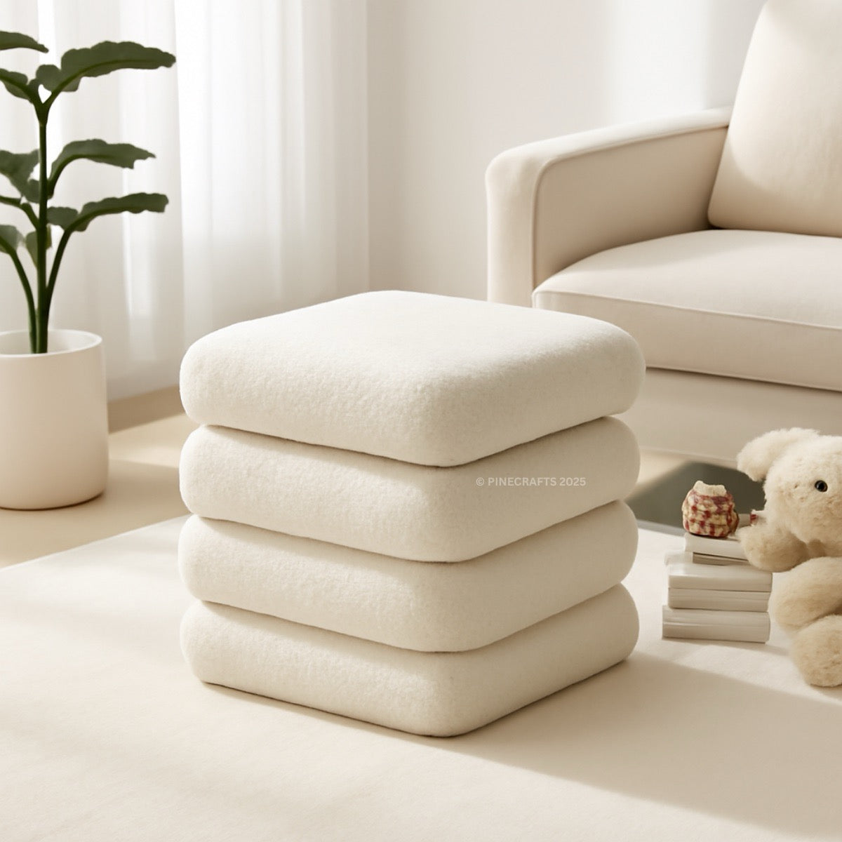 Stack of folded towels on a table with a beige sofa and plant in the background