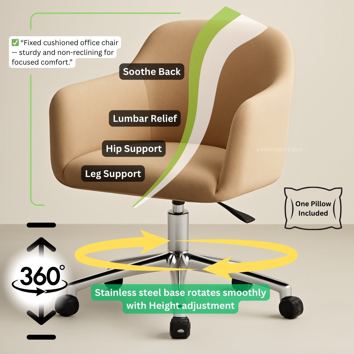 Beige office chair with features highlighted on a beige background