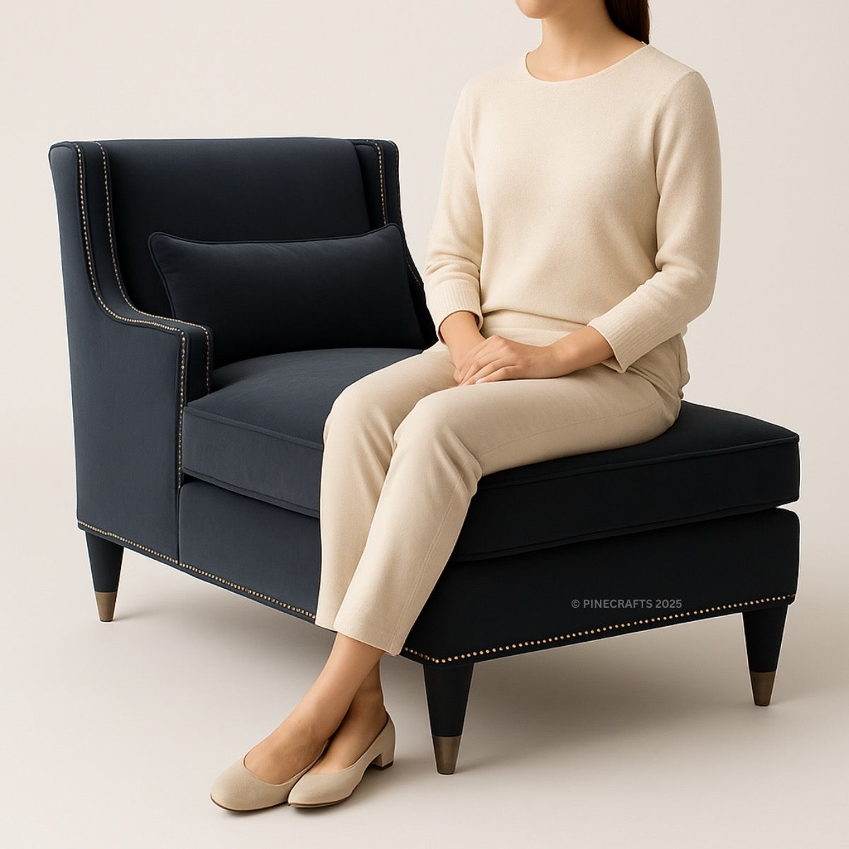 Person sitting on a dark blue armchair wearing a beige outfit.