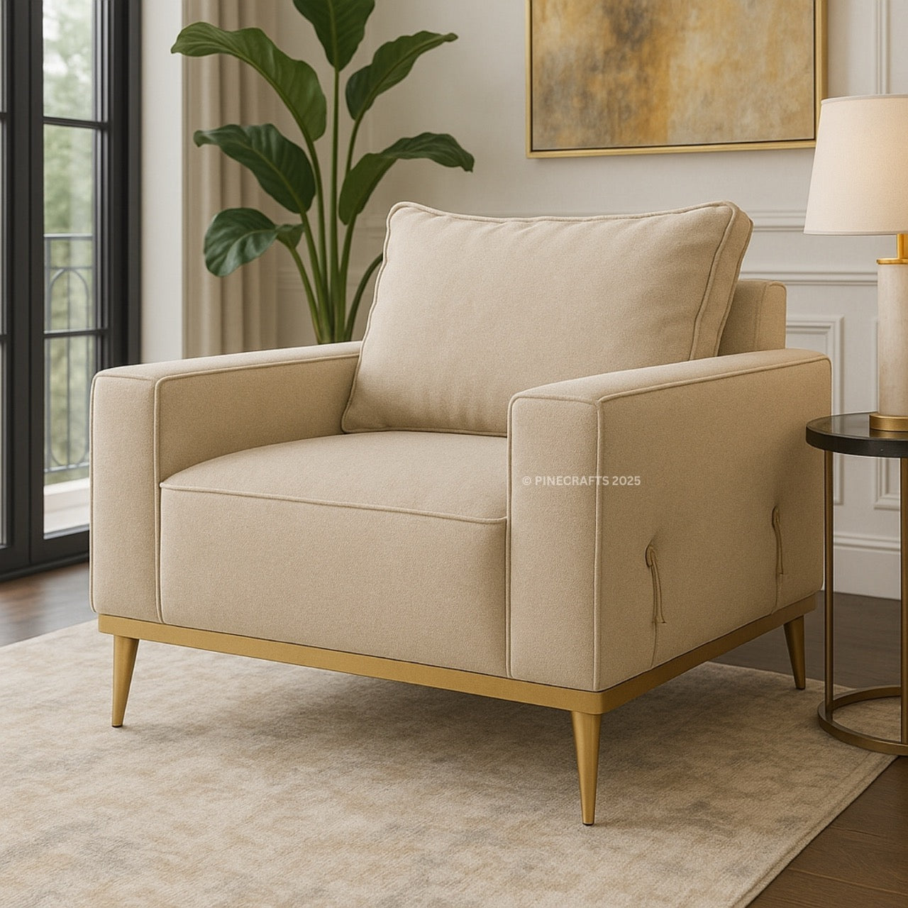 Beige armchair in a living room setting with a plant and lamp in the background.