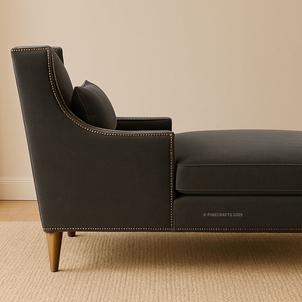 Black sofa with nailhead trim on a beige carpet and wall.