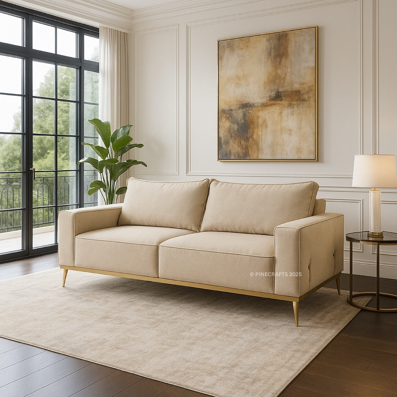 Beige sofa in a modern living room with abstract art and a lamp.
