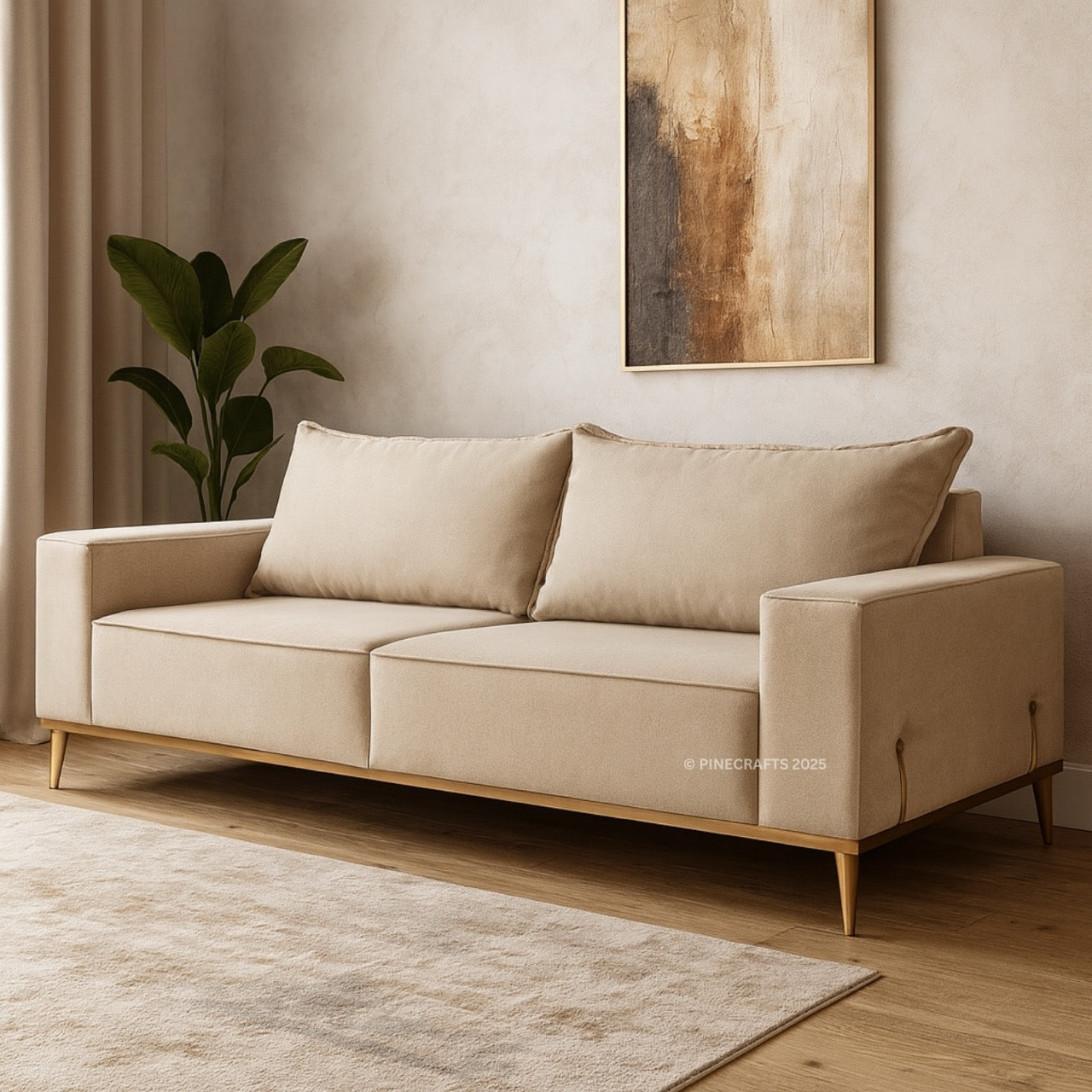 Beige sofa in a living room setting with a plant and abstract art on the wall.