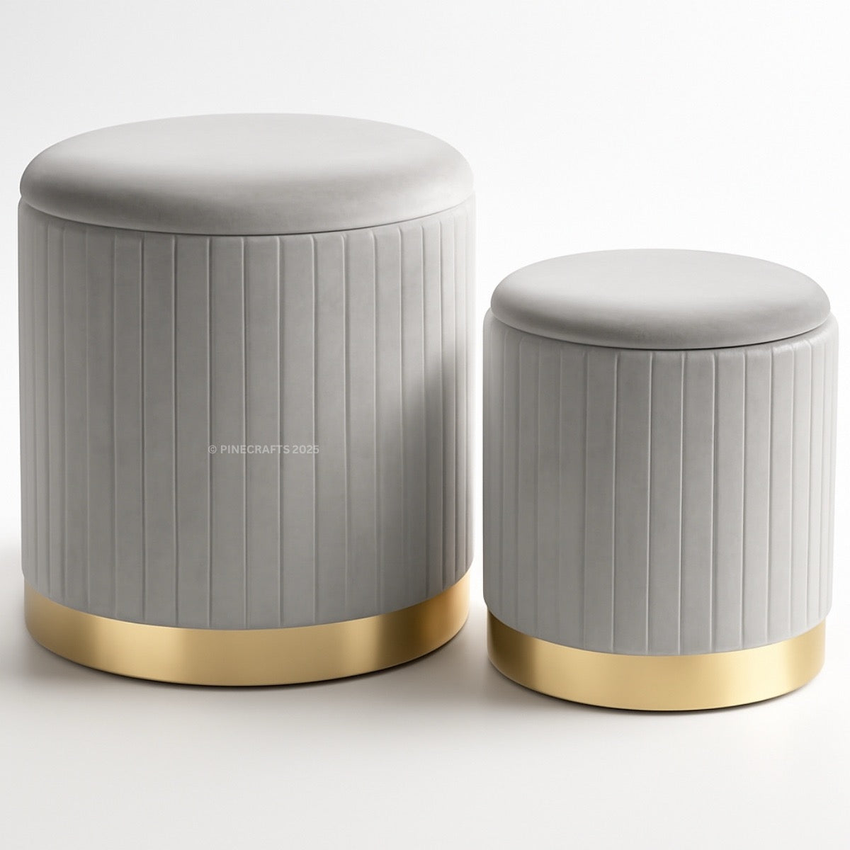 Two gray stools with gold bases on a white background