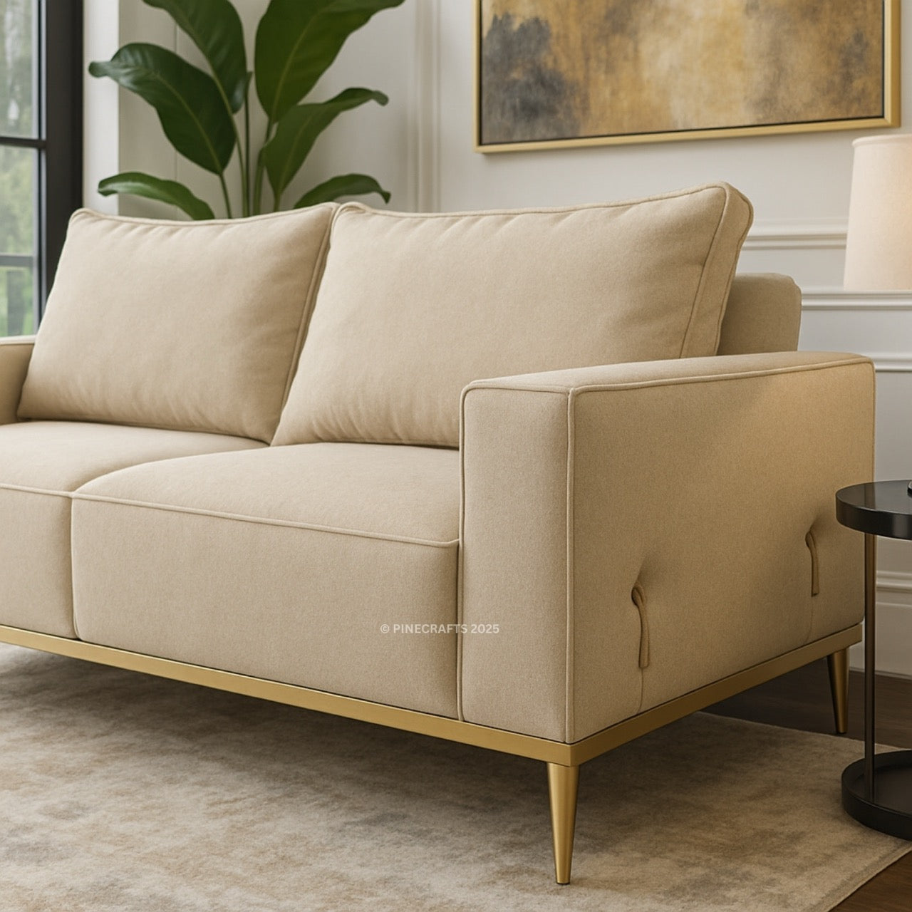 Beige sofa in a living room setting with a plant and painting in the background.