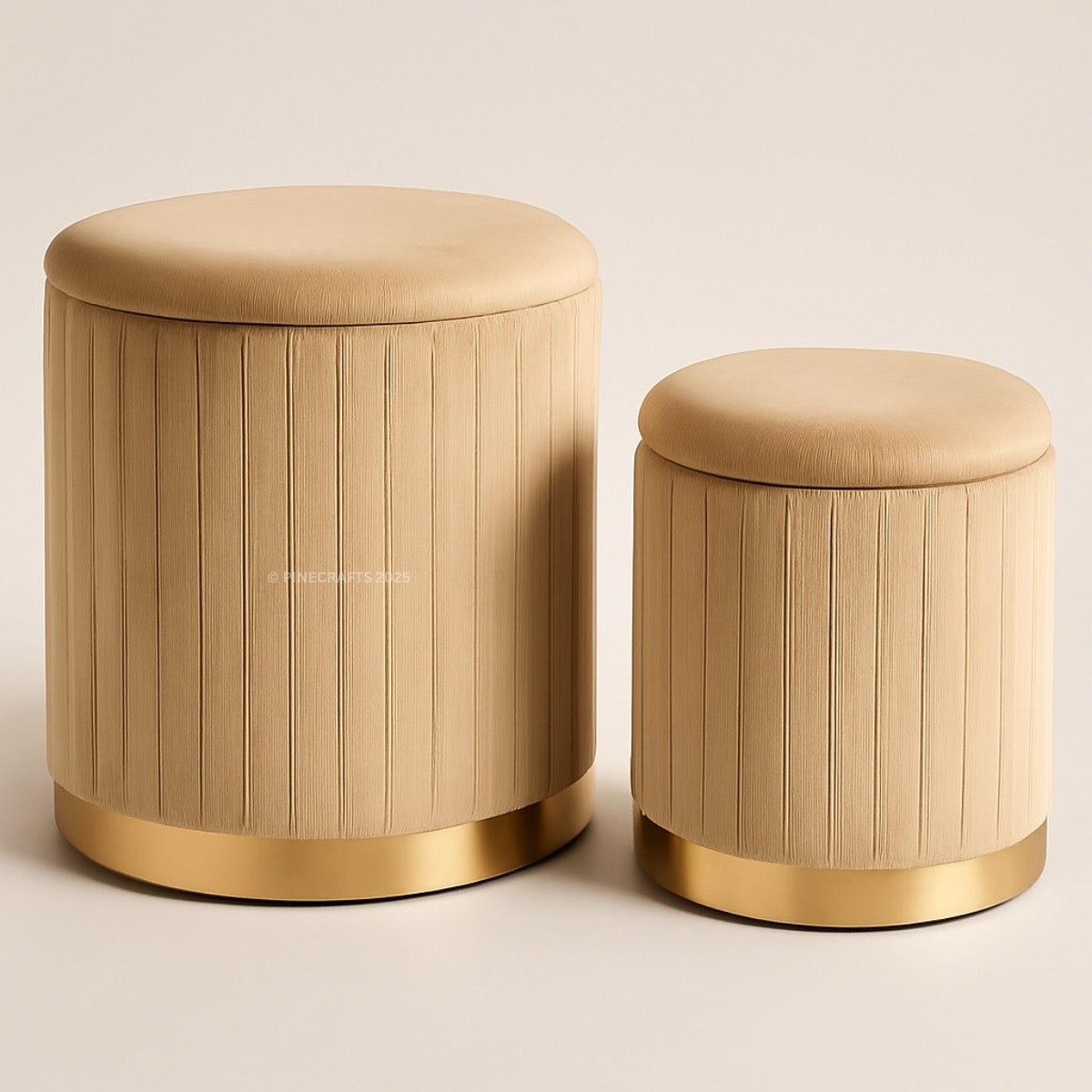 Two wooden stools with beige cushions on a light background