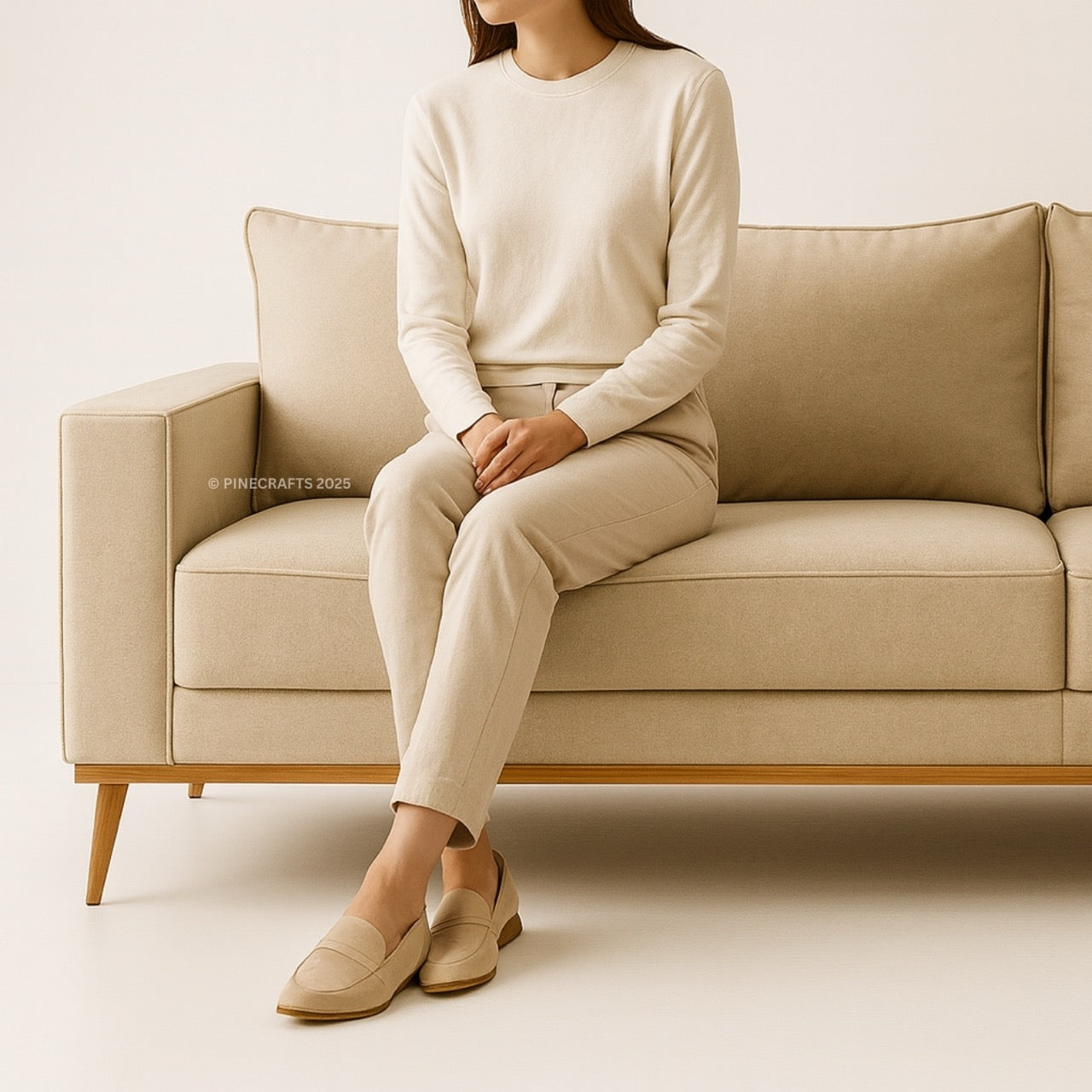 Person sitting on a beige sofa wearing a matching outfit with a neutral background