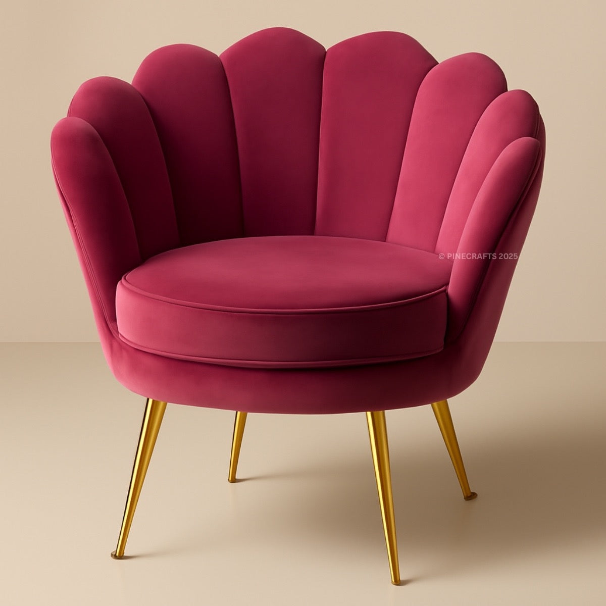 Pink shell-shaped chair with gold legs on a beige background