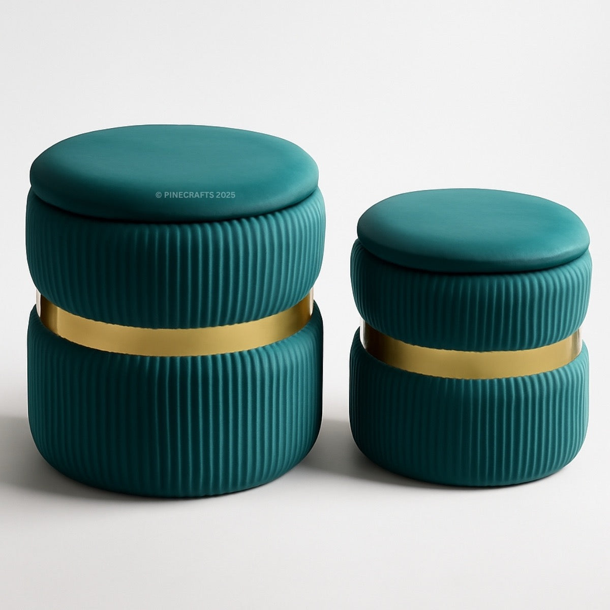 Two teal containers with gold bands on a white background