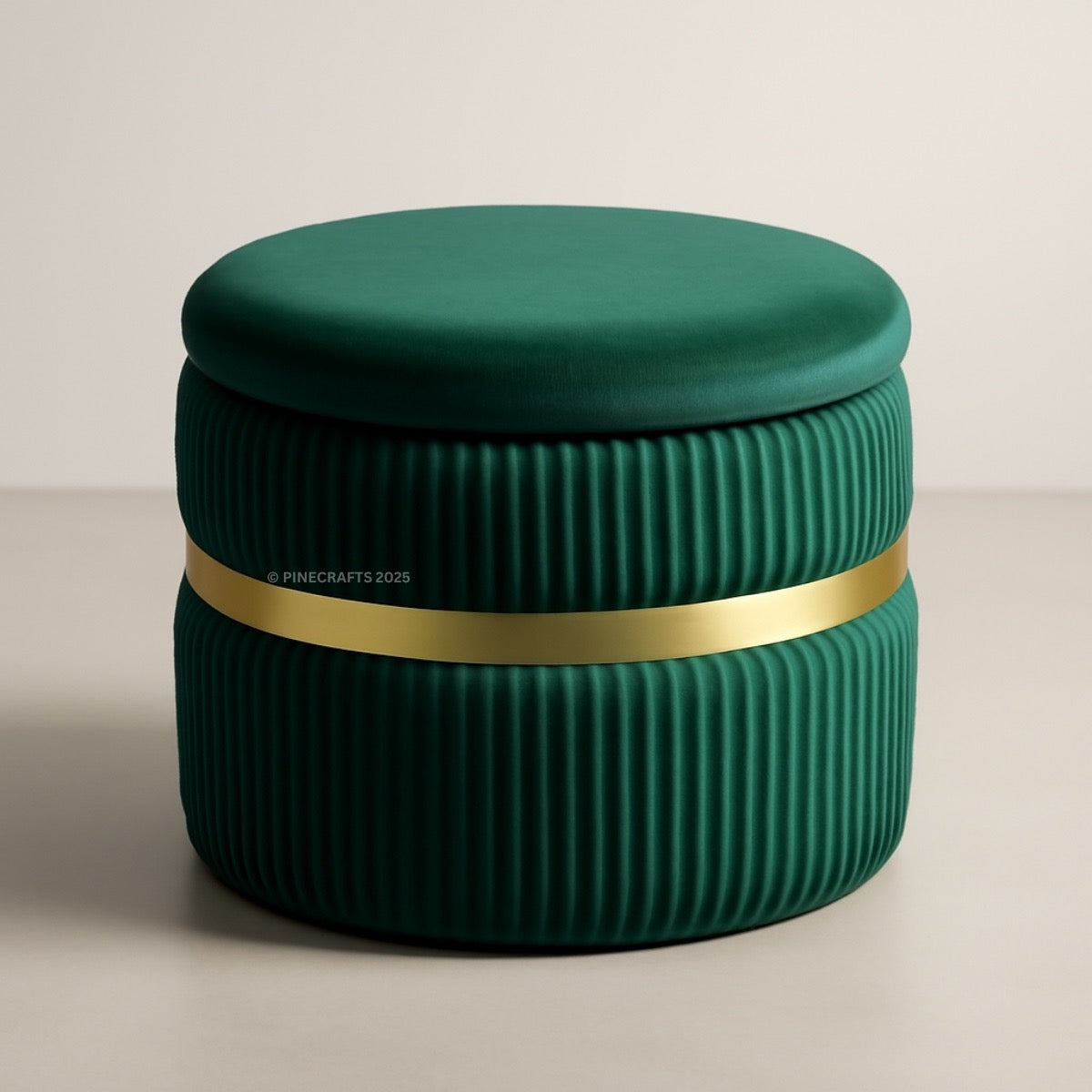 Green ribbed container with a gold band on a beige background
