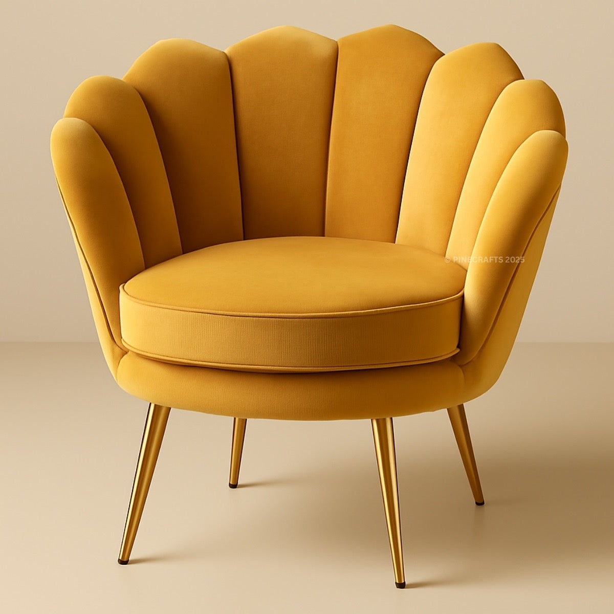 Yellow armchair with scalloped backrest on a beige background