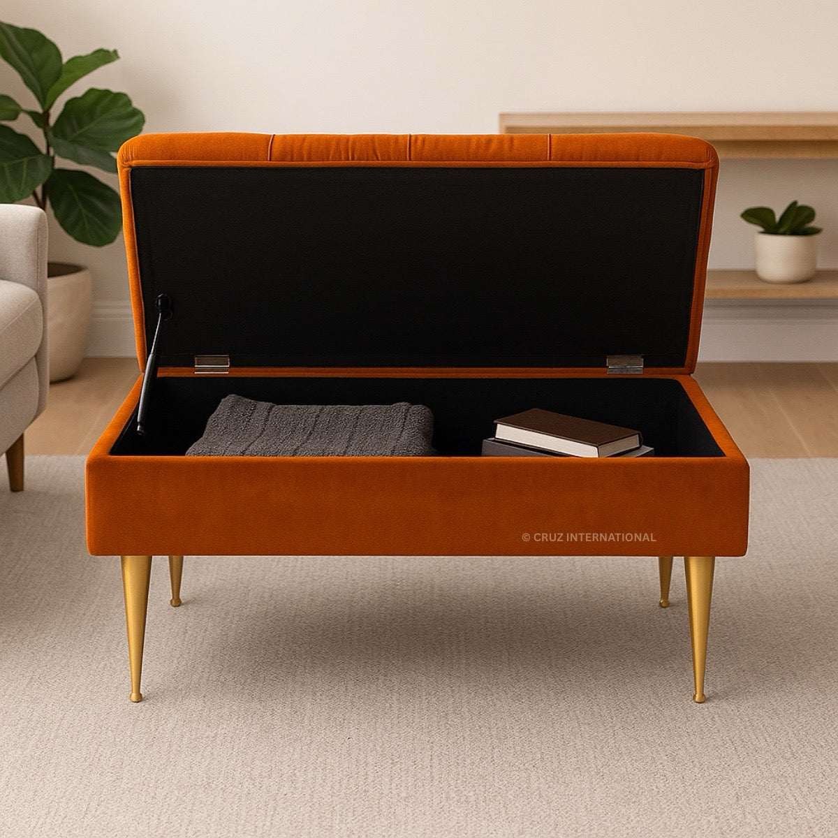 Orange storage bench with open lid in a living room setting