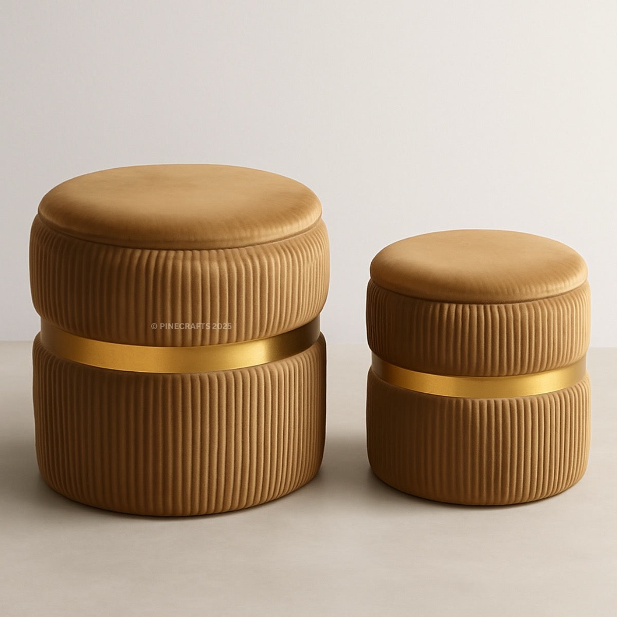 Two brown textured containers with gold bands on a light background
