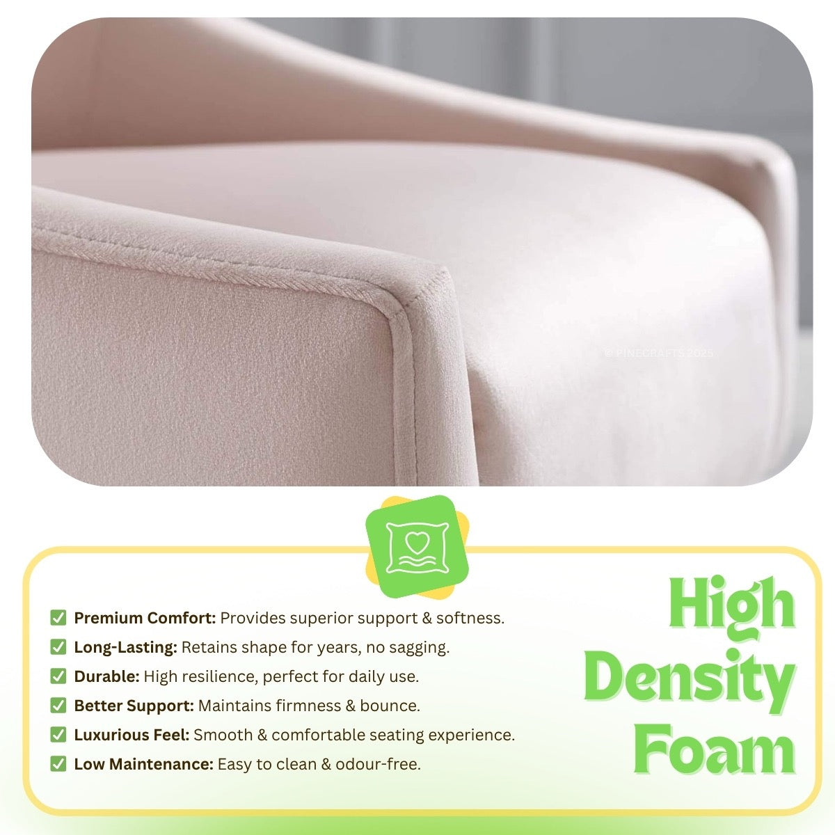 Close-up of a beige cushion with high-density foam text and features on a white background