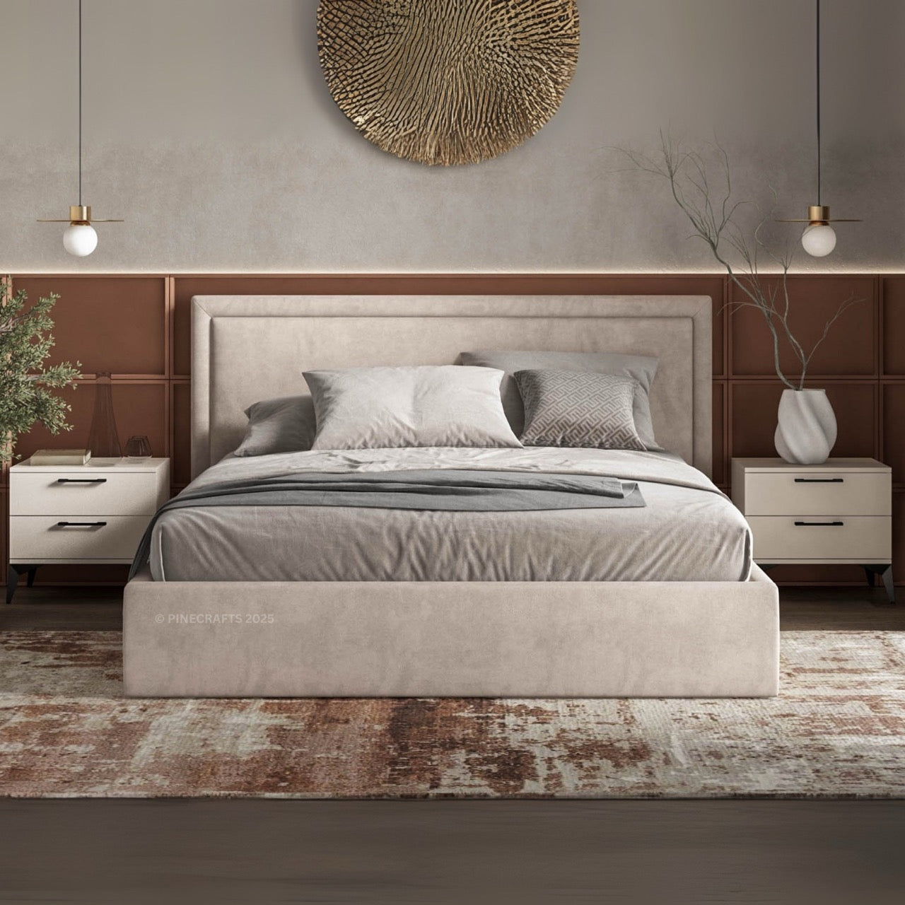 Neatly made bed with gray bedding in a modern bedroom setting.