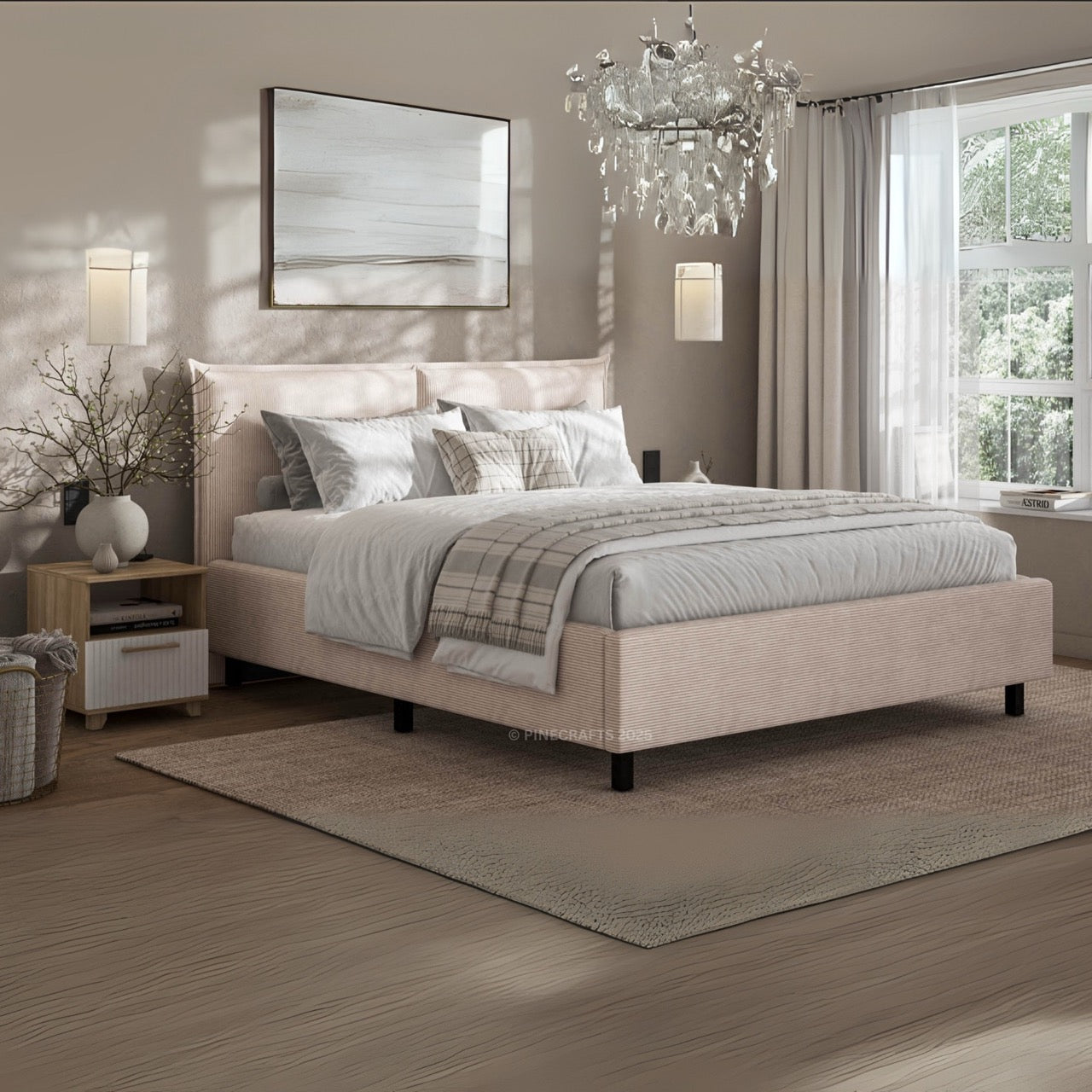 Neatly made bed in a bedroom with a chandelier, lamp, and decor.