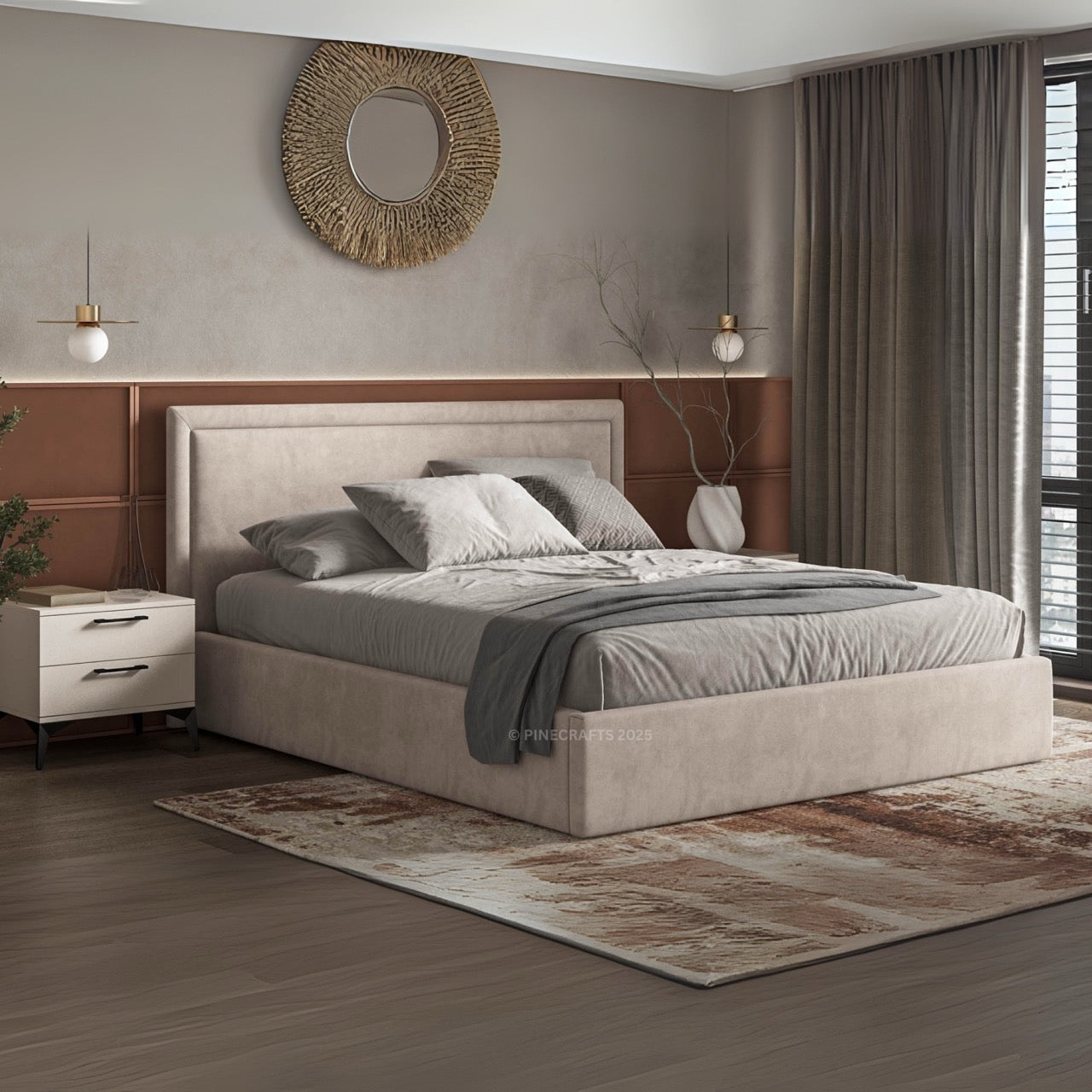 Modern bedroom with a large bed, nightstands, and decorative elements.