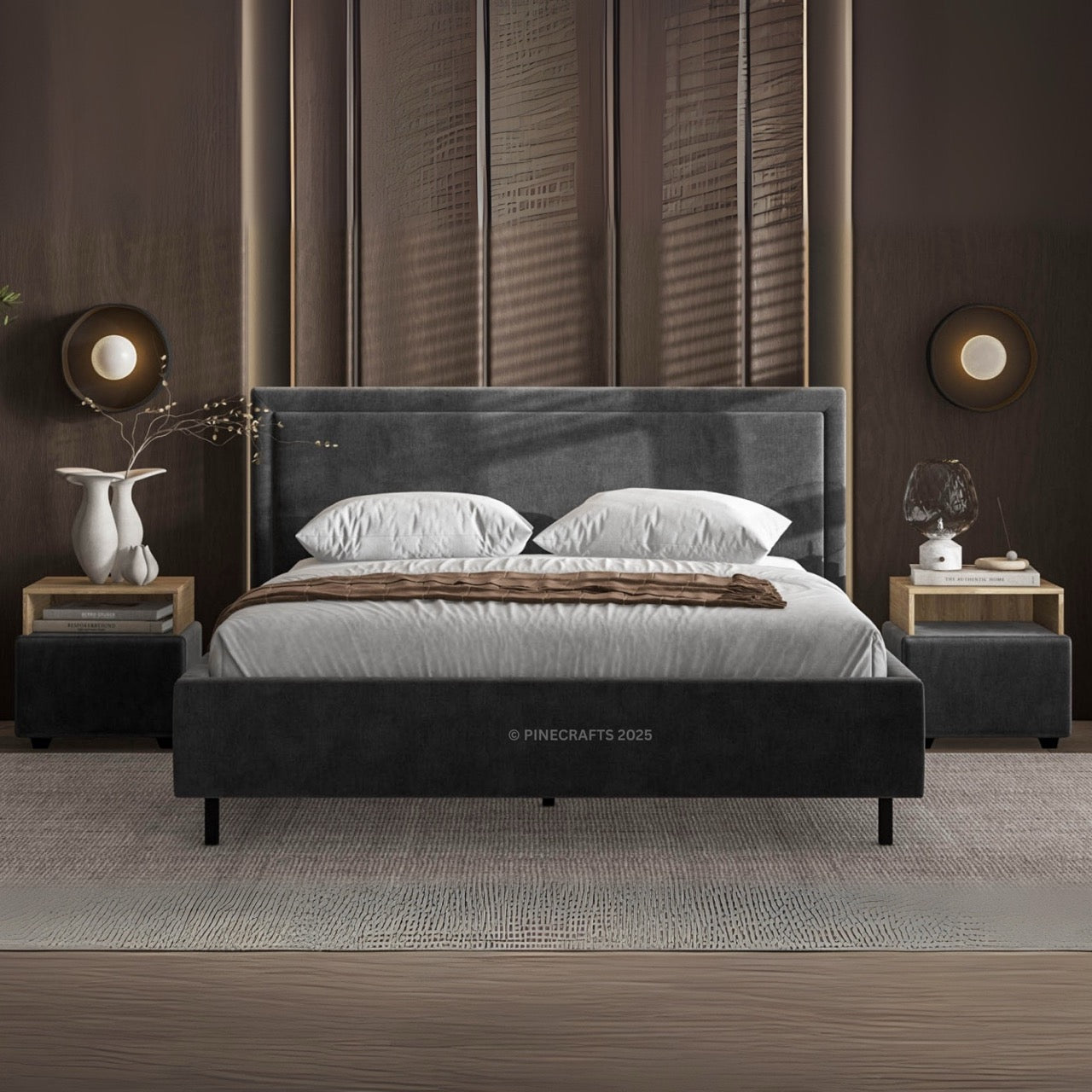 Modern bedroom setup with a bed, nightstands, and decorative items.