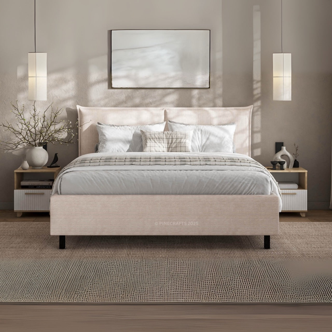 Neatly made bed with pillows in a modern bedroom setting.