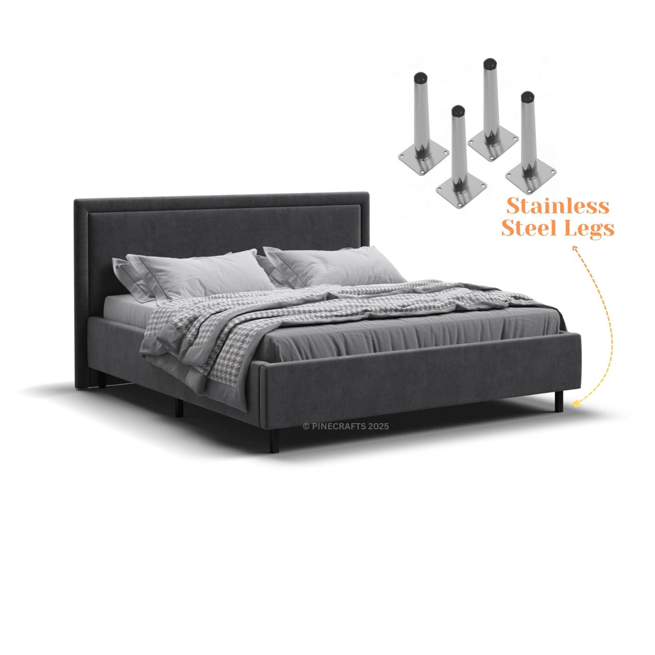Gray upholstered bed with stainless steel legs on a white background