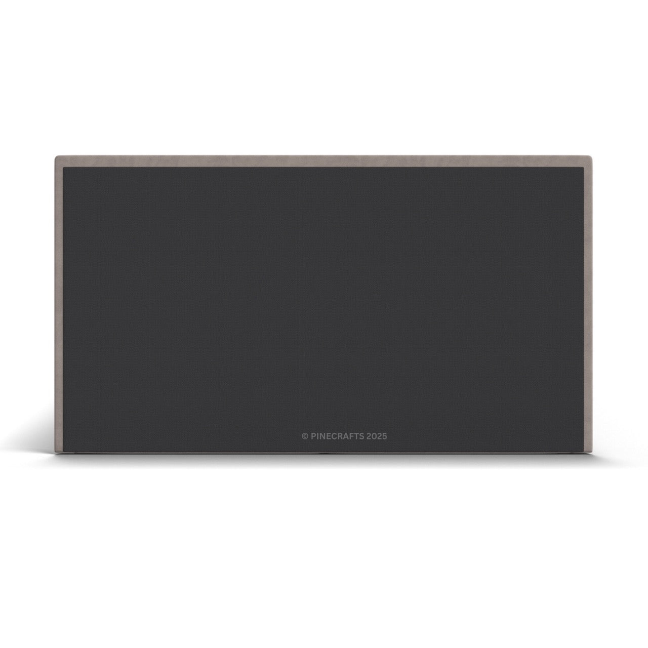 Black rectangular object with a silver frame on a white background