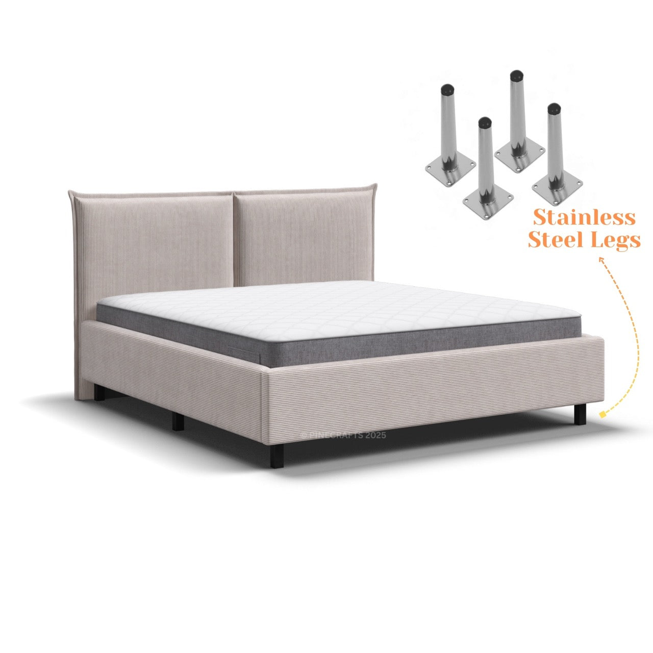 Beige upholstered bed with stainless steel legs on a white background