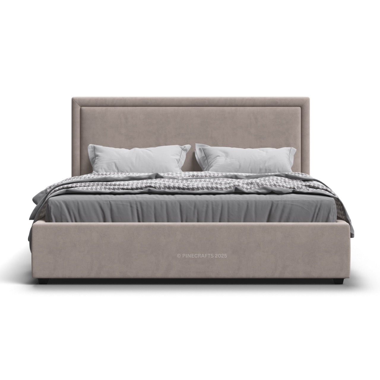 Beige upholstered bed with gray bedding on a white background
